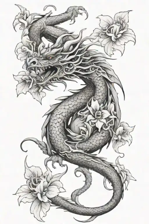 Dragon With Flowers Blooming
