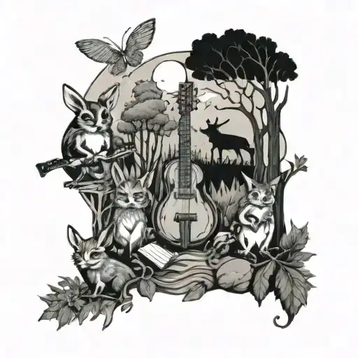 A Forest Scene With Animals Playing Musical Instruments Inspired By Pearl Jam