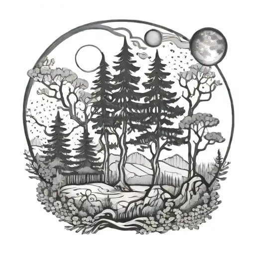 Forest Scene With Three Moons Facing Each Other