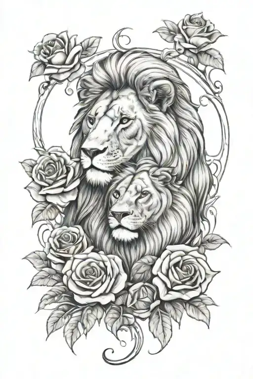 Lion Family And Roses