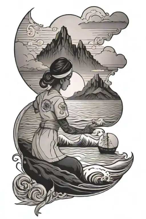 A Silhouette Of A Nurse Caring For A Patient With A Backdrop Of Mountains And Ocean Waves