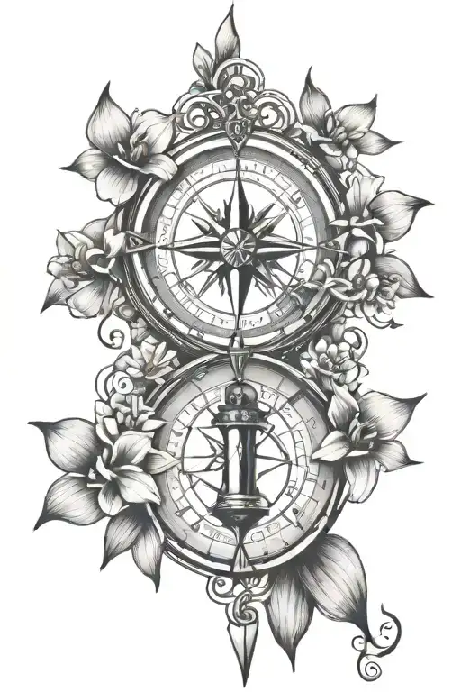 Moral Compass Tattoo Incorporating Orchid Flowers And Christian Symbols