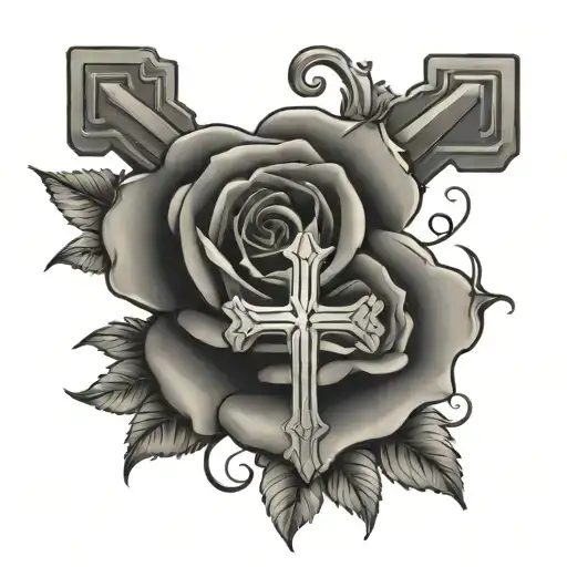 Christian Cross And Rose Tattoo With Number 17 And 25 As Roman Numerals