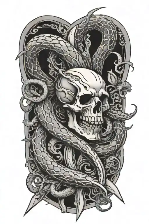 The Skelaton Of A Snake Wrapping Around A Dagger