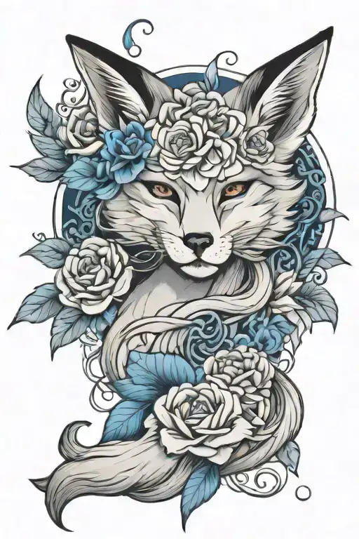 Japanese Fox Goddess With Blue Roses Blooming