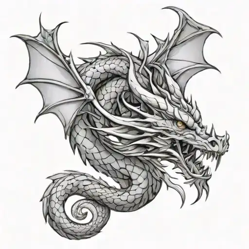 Create A Tattoo Featuring A Dragon In A Dramatic Black-grey Style With Subtle Anime Influences