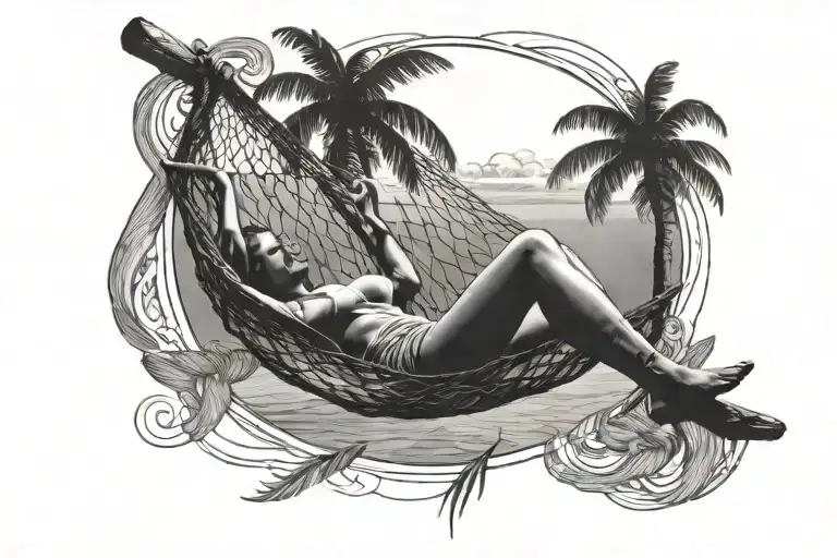 Woman In Hammock Hanging Between Two Palm Trees Looking At The Ocean