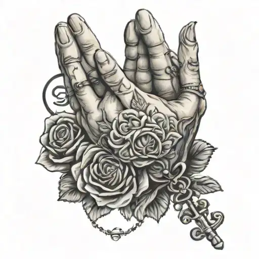 Praying Hands Holding Rosary Surrounded By Roses