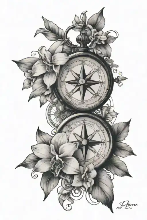 Moral Compass Tattoo Incorporating Christianity And Orchid Flowers