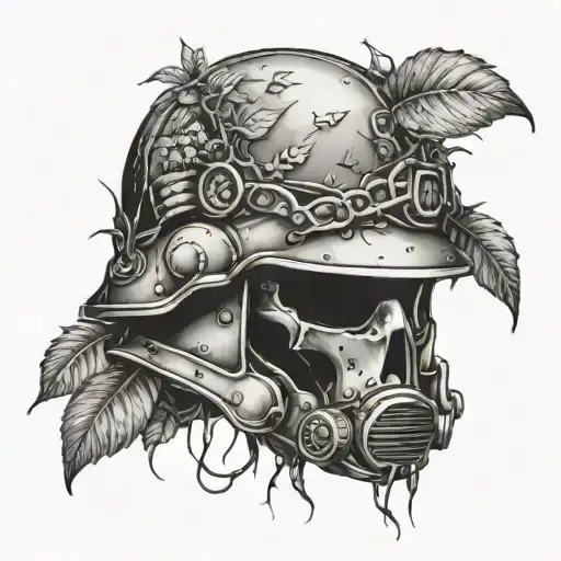 Forrest And Plants Growing Out Of Upsidedown Military Helmet