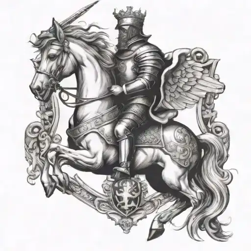 A Coat Of Arms With Knight On A Rearing Horse Galloping And An Angel In The Sky