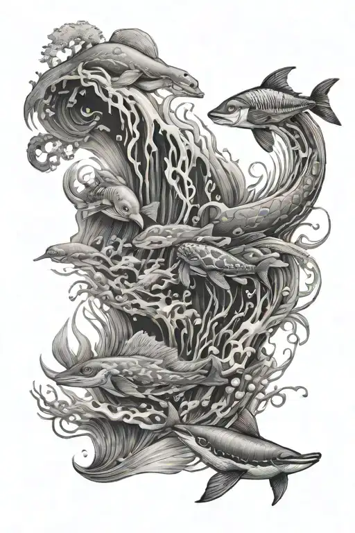 A Flow Tattoo Featuring Water Animals To Make An Ocean Scene