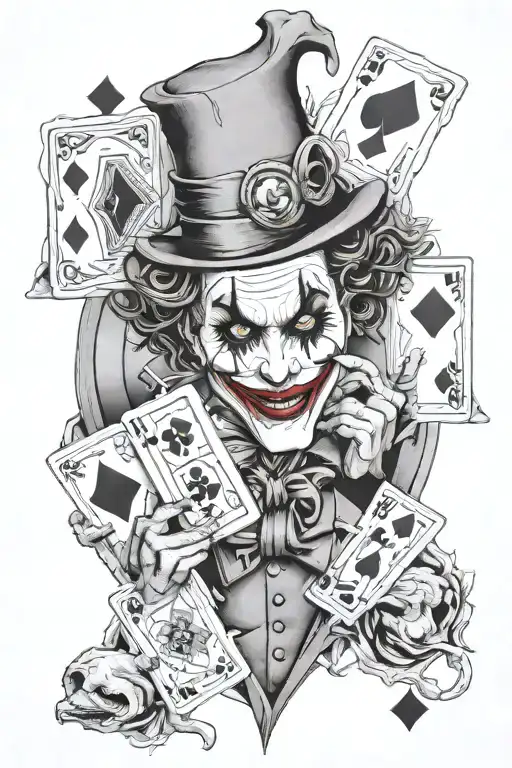 A Surreal Tattoo Of A Joker Transforming Into An Animal While Holding A K Q J Diamond Cards