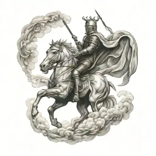 A Knight On A Rearing Horse Galloping And An Angel In The Sky