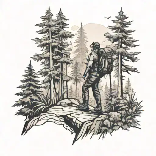 A Black-grey Tattoo Of A Hiker Trekking Through A Dense Forest