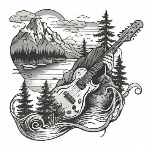 A Mountain Scene With A Hidden Guitar And Fishing Rod Intertwined In The Design