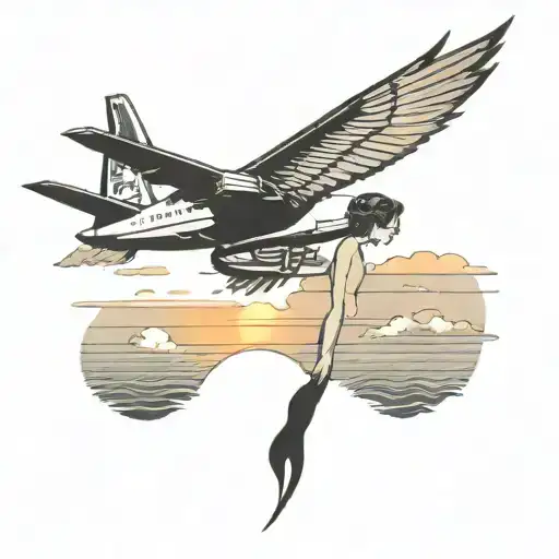 A Blackwork Tattoo Of A Flight Attendant Silhouette Against A Sunset On The Beach