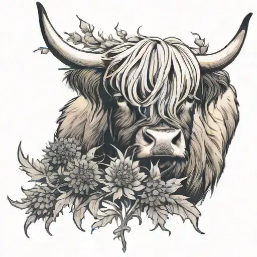 Highland Cow And Thistle With Tartan Pattern Incorporating