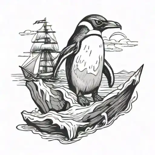Penguin With Shipwreck On Iceberg