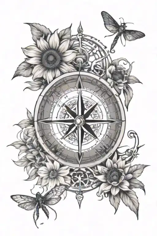 Compass With Sunflower Dragonfly And Anchor Intertwined
