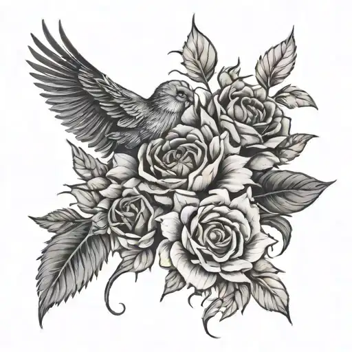 Tattoo With Roses And Sunflowers With A Bird On The Side And A Cancer Symbol In The Flowers