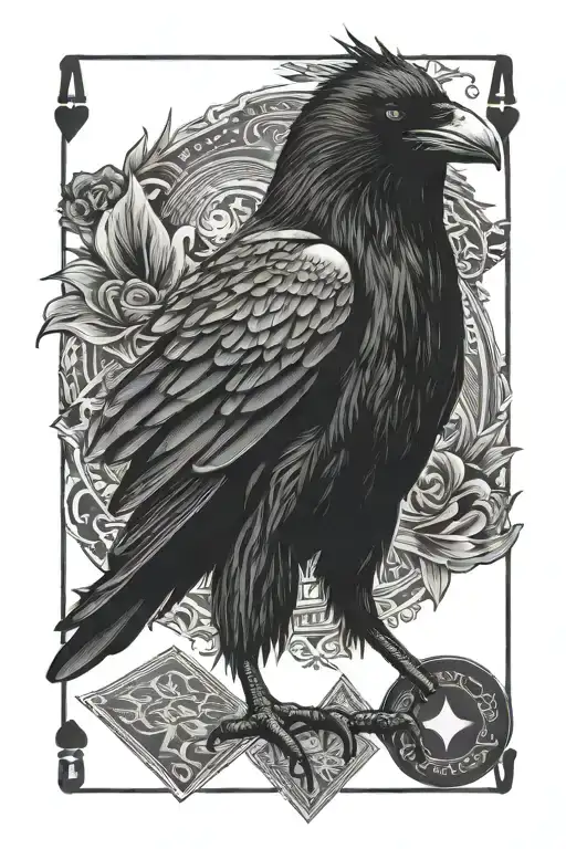 Raven With Extended Arms With Poker Cards And Japanese Style Art