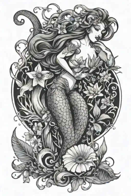 A Mermaid Singing Into A Seashell Microphone Surrounded By Underwater Flora