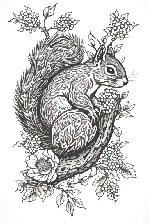 Squirrel In A Tree And Wildflowers Below