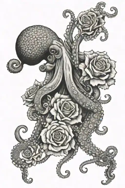 A Dotwork Tattoo Of An Octopus Conducting An Orchestra Of Roses