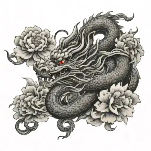 Chinese Dragon With Peonies And Clouds Floating