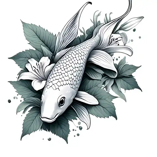 A Koi Fish Surrounded By Mint Leaves And Tiger Lilies