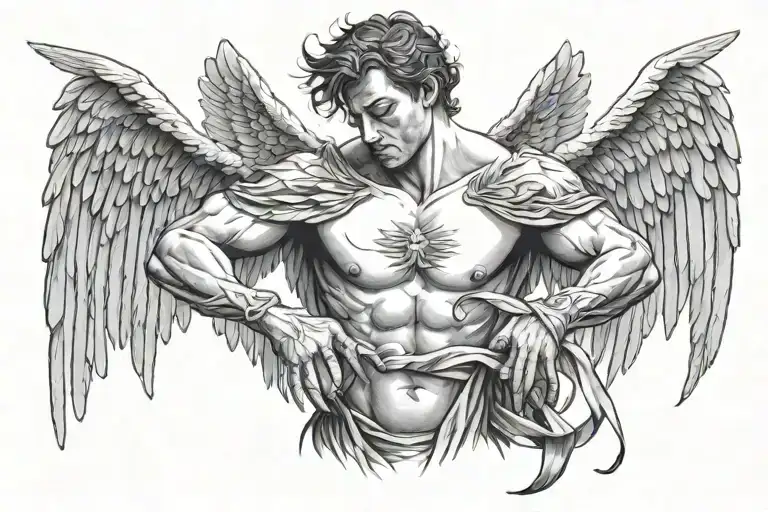 Man Beaten Down With Angel Wings Surrounding To Protect Him