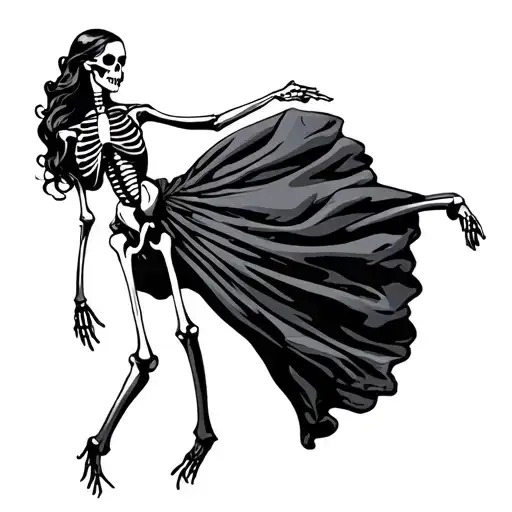 Woman In Gothic Gown Dancing With A Skeleton