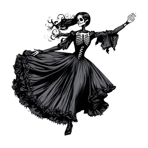 Woman Wearing Gothic Gown Dancing With A Skeleton