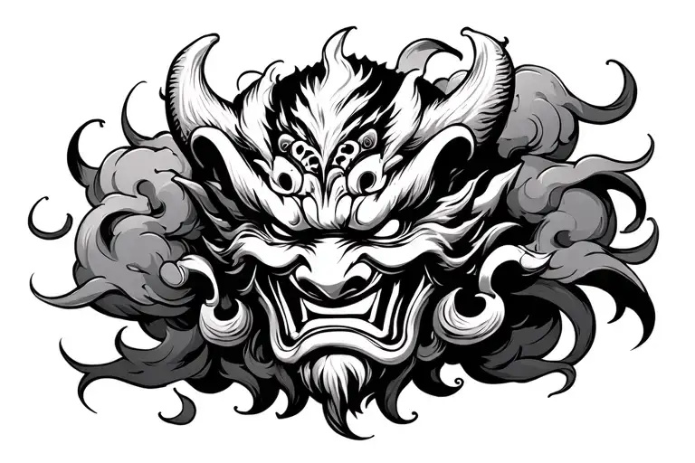 Black And White Oni Mask With Whispy Clouds Surrounding It