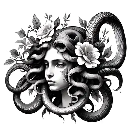 Medusa Head With Flowers Blooming Between Snakes Intertwined