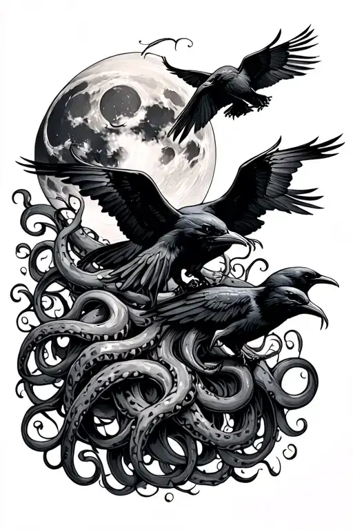 Moon On Shoulder With Tentacles Coming Out Of It That Are Chasing Ravens Into Ink