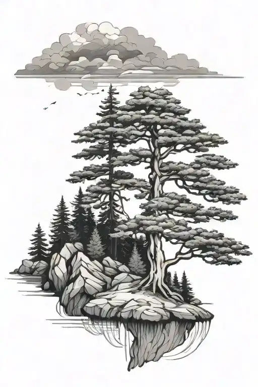 Pine Tree On A Floating Island Black And White