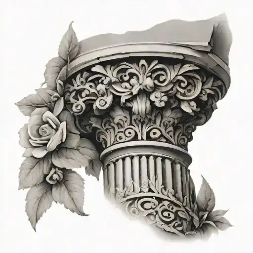 A Roman Column Broken At The Base With Floral Elements On It