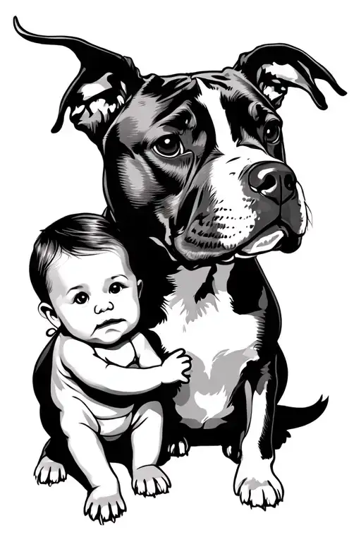 Infant Girl And Pitbull Dog