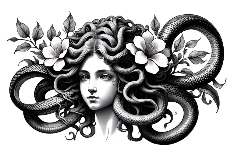 Medusa Head With Flowers Blooming Between Snakes Intertwined