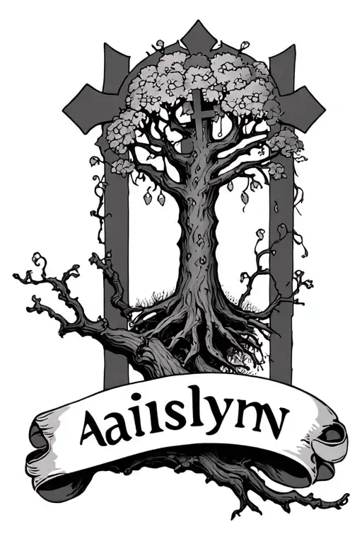 Poison Tree With Latin Cross Behind It And The Name Aislynn On The Branch