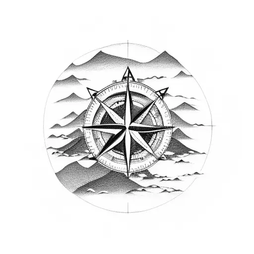 Ocean And Mountains With Compass Simplstic
