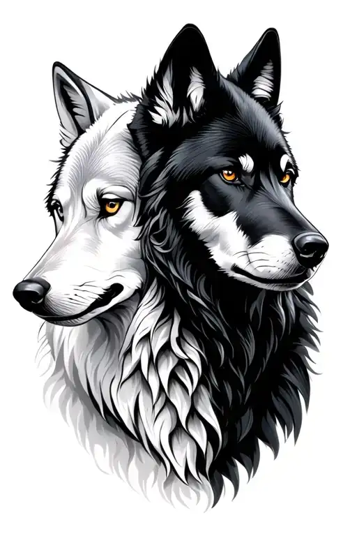 A White Wolf And A Black Wolf Looking At Each Other
