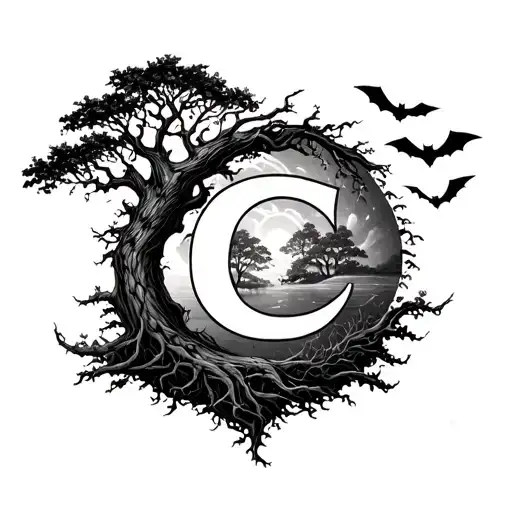 Tree Of Life With A C Next To It With Bats Flying Away