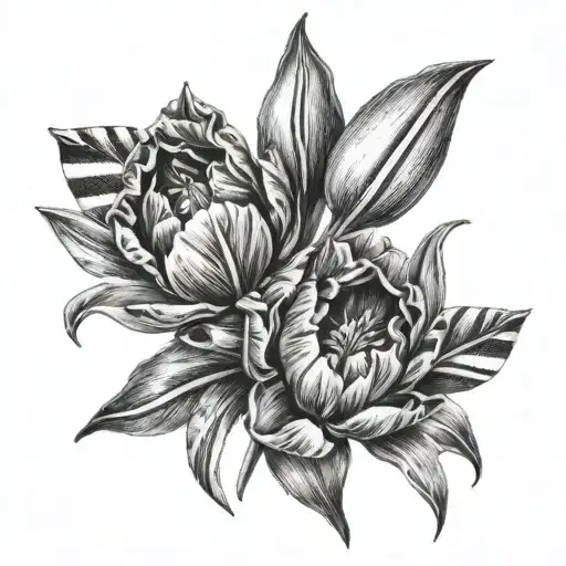 Flower -Realistic Tulips Black And Grey With A Bright Colored Serape Intertwined