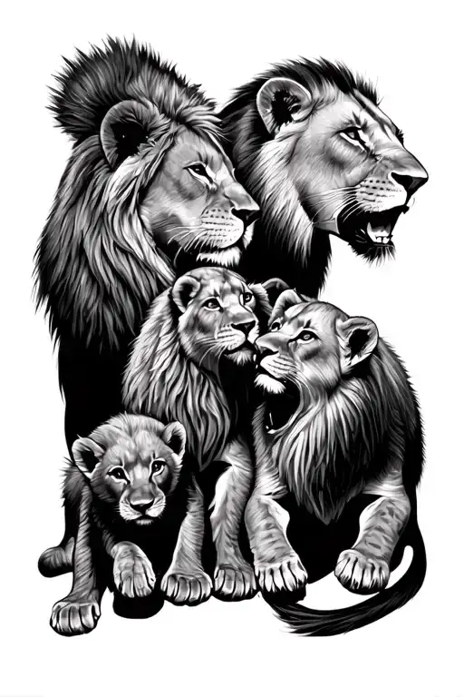 Three Cubs Playing With Lion And Lioness