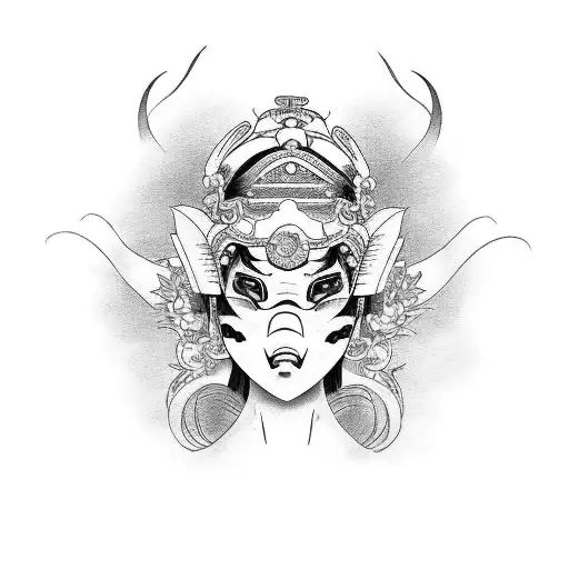 A New Traditional Beautiful Japanese Geisha Adorned With A Half Hannya Mask