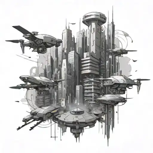 A Futuristic Cyberpunk Cityscape With Security Drones Flying Overhead
