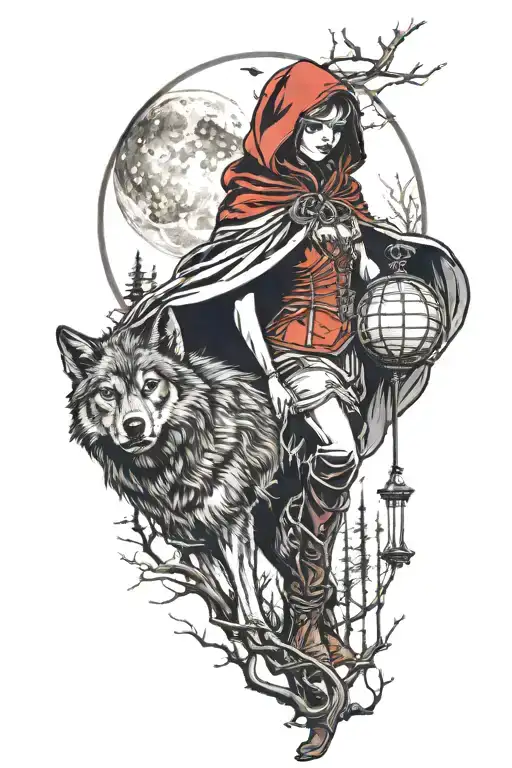 Little Red Riding Hood And Evil Wolf In A Dark Forest With Moon